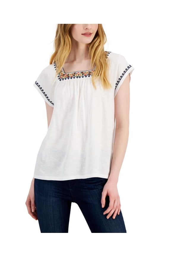 Style & Co Womens Embroidered Flutter Sleeve Top Bright White XL