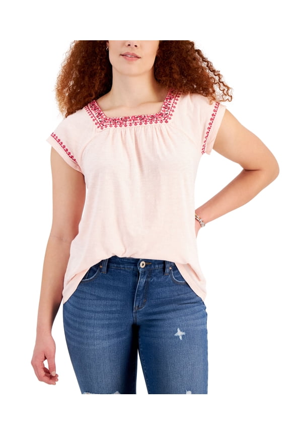 Style & Co Womens Embroidered Flutter Sleeve Top Sfot Shell M