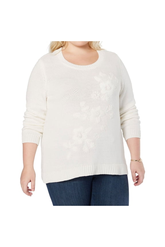 Womens Embroidered Pullover Sweater, White, Plus Size, 3X