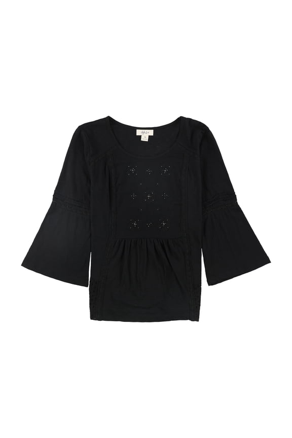 Womens Eyelet-Trim Pullover Blouse, Black, X-Small