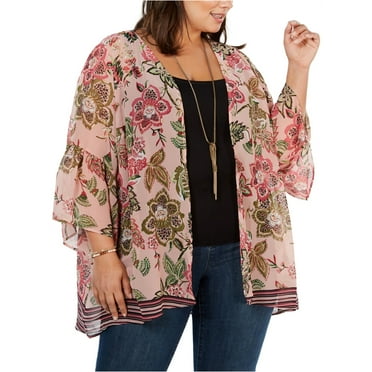 Style & Co. Womens Floral Kimono Jacket, Pink, Plus Size, 1X