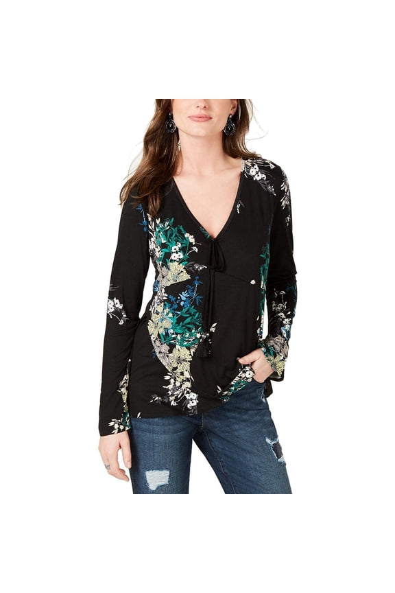 Womens Floral Print Tassel Top, Black, Large