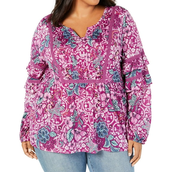 Style & Co. Womens Floral Ruffle Sleeve Baby Doll Blouse, Purple, Plus Size, 1X