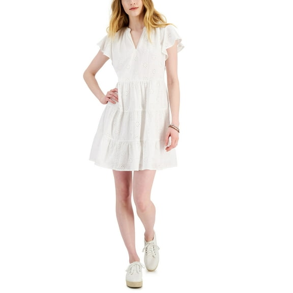 Style & Co Womens Flutter Sleeve Eyelet Dress Bright White M