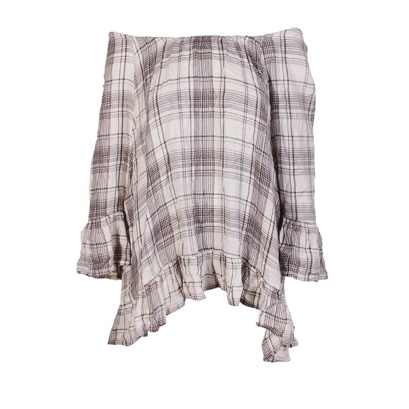 Style & Co Womens Ivory Black Plaid Peplum-Hem Top L
