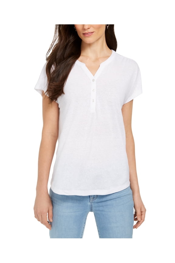 Womens Knit Top Bright Medium Petite Henley   White PM