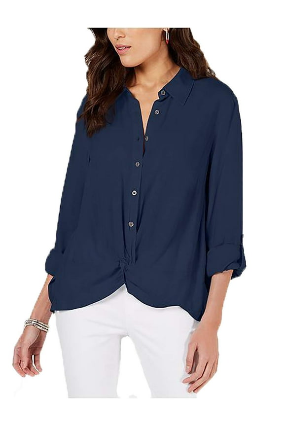 Womens Knot-Front Button-Up Top, Navy, X-Small