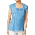 thumbnail image 1 of Style & Co. Womens Lace Eyelet Basic T-Shirt, Blue, X-Small, 1 of 1