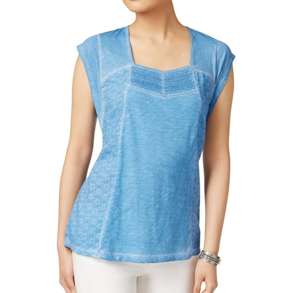 Style & Co. Womens Lace Eyelet Basic T-Shirt, Blue, X-Small