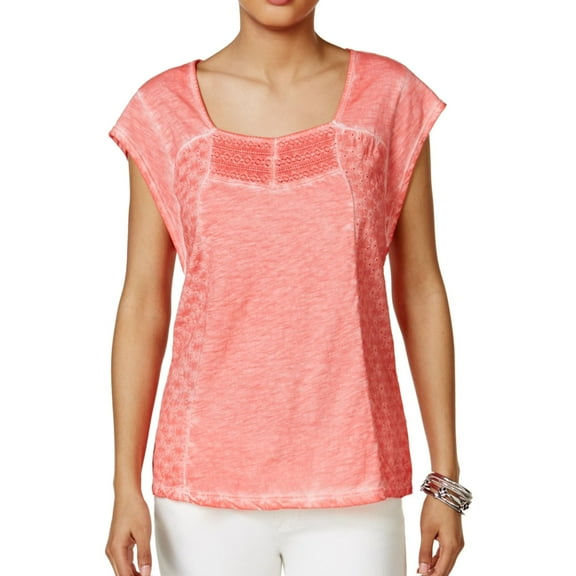 Style & Co. Womens Lace Eyelet Basic T-Shirt, Pink, Small