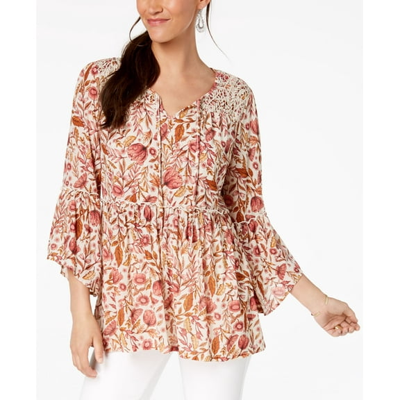 Style & Co Floral Print Lace Peasant Top Bruleefoliage L