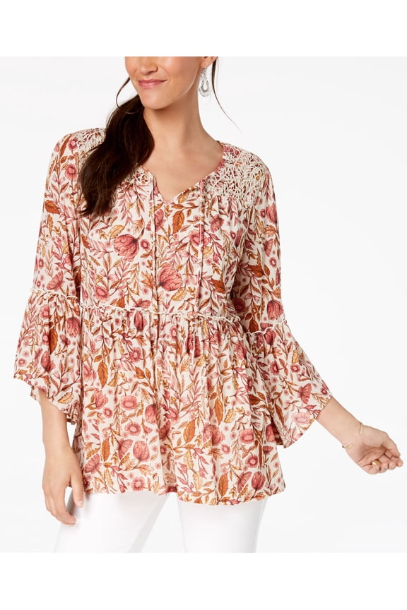 Style & Co Floral Print Lace Peasant Top Bruleefoliage L