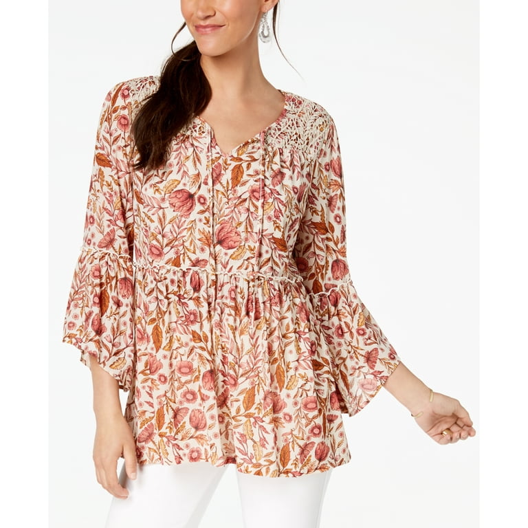 Style Co Womens Lace Printed Bell Sleeve Peasant Top Walmart