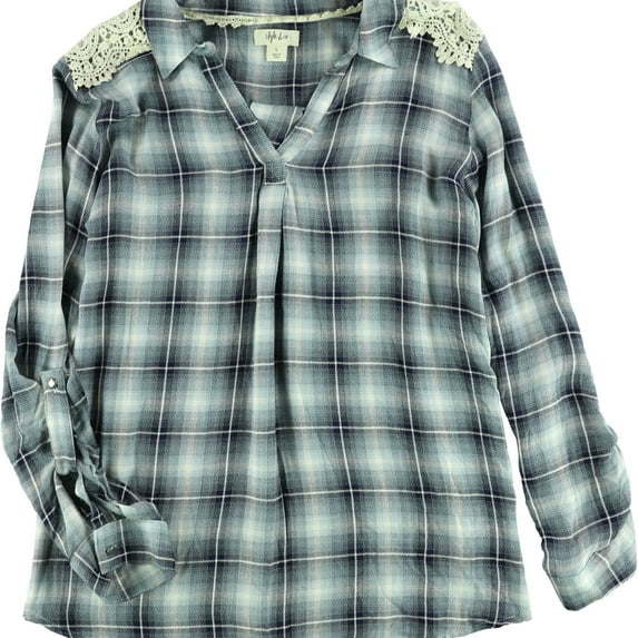 Style & Co. Womens Lace Trim Pullover Blouse, Blue, Large