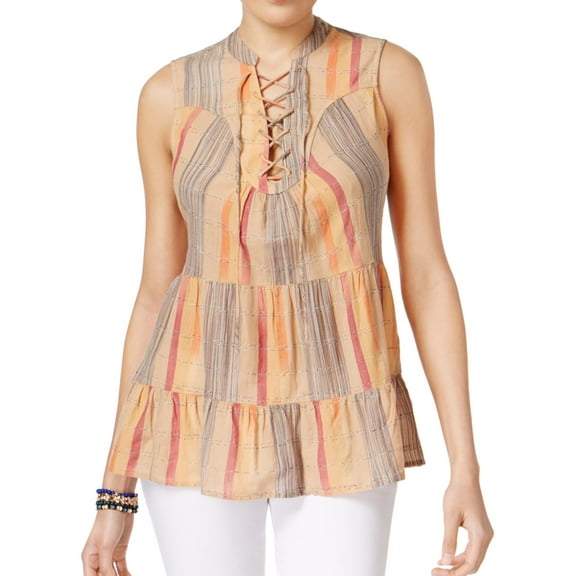 Style & Co. Womens Lace-Up Sleeveless Blouse Top, Beige, Large