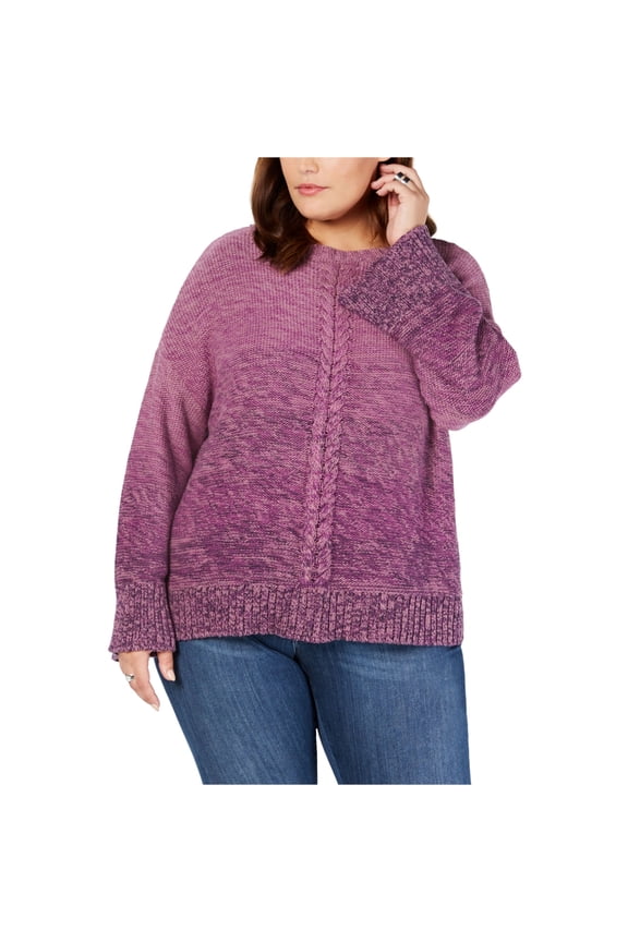 Womens Marl Braid Pullover Sweater, Purple, Plus Size, 0X