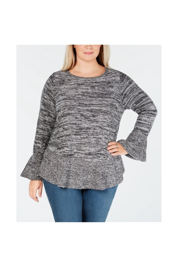 Womens Marl Ruffle Knit Sweater, Grey, 1X