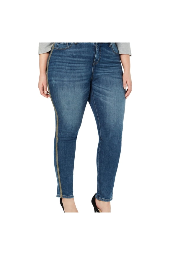 Womens Metallic Side-Stripe Skinny Fit Jeans, Blue, Plus Size, 20W