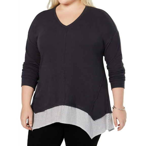 Style & Co. Womens Mixed Media Pullover Blouse, Grey, Plus Size, 1X