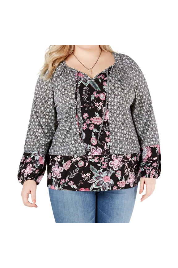 Womens Mixed Print Peasant Blouse, Multicoloured, Plus Size, 1X