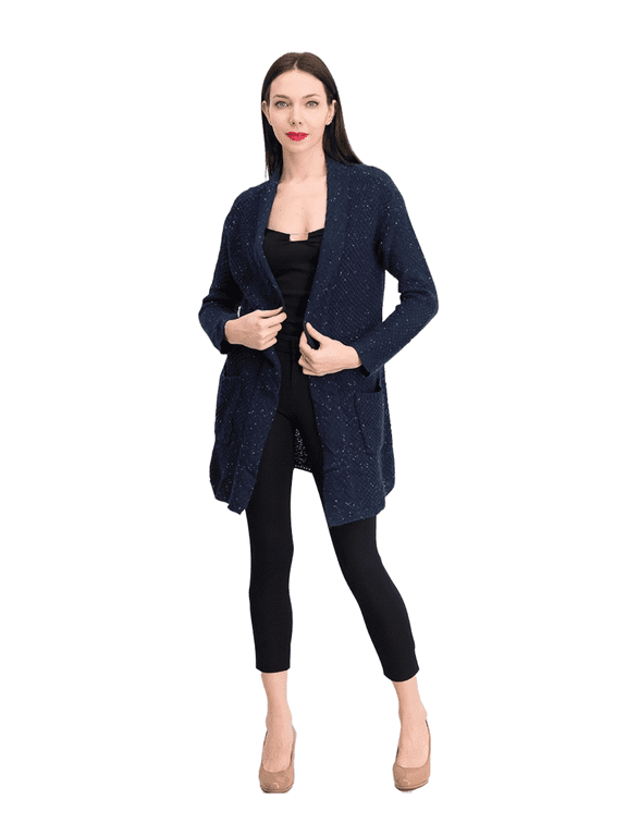 Womens Mixed-Stitch Tweed Duster Cardigan, Navy, X-Large