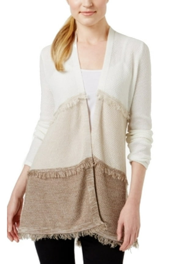 Style & Co Womens Neutral Ombre Fringed Open Cardigan S