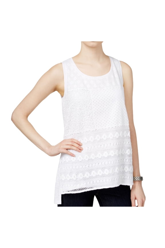 Womens Patchwork Pullover Blouse, White, Petite, PXL