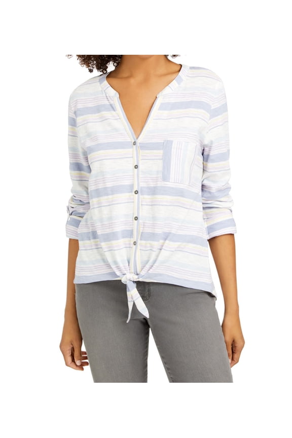 Style & Co Women's Petite Cotton Striped Tie-Front Shirt White Size -Petite M