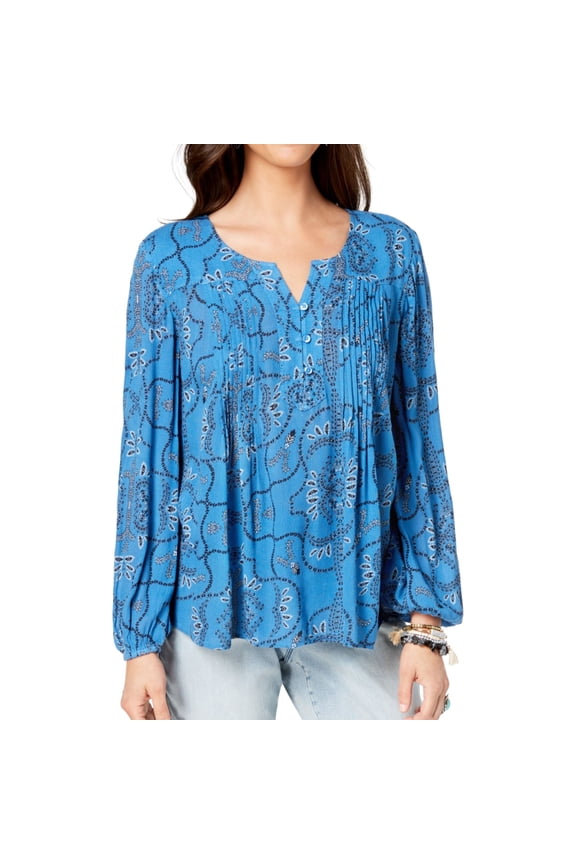 Womens Pintuck Peasant Blouse, Blue, Petite, PP