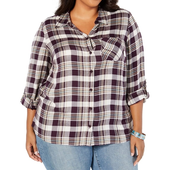 Style & Co. Womens Plaid Button Up Shirt, Purple, 2X