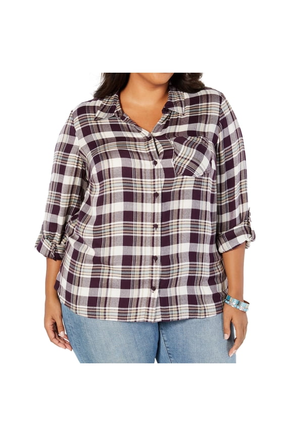 Womens Plaid Button Up Shirt, Purple, 2X