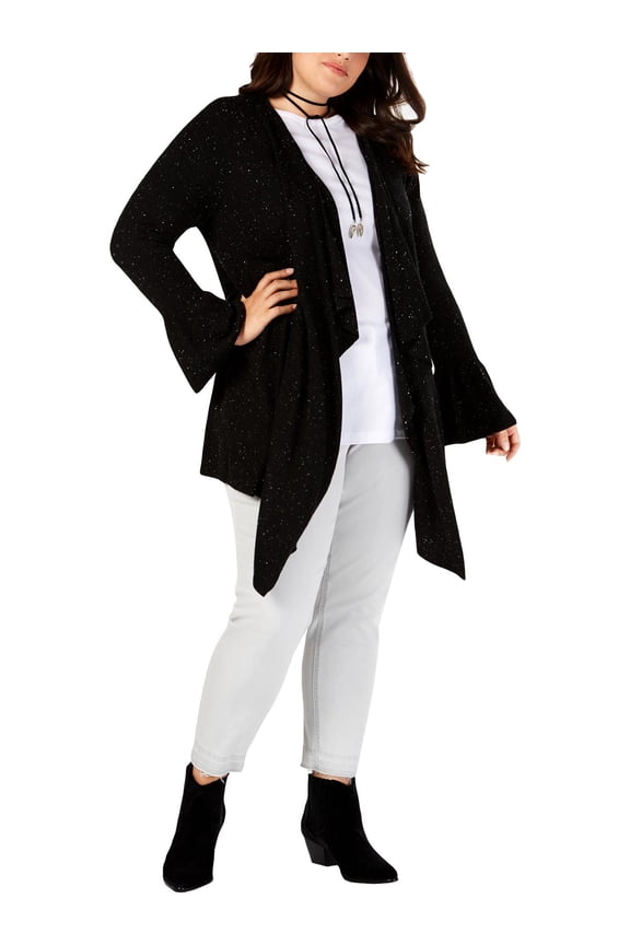 Style & Co Plus Size Ruffled Sleeve Open Front Cardigan Black 0X