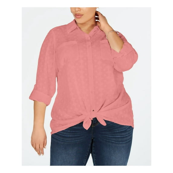 Style & Co. Womens Plus Cotton Textured Button-Down Top Pink 2X