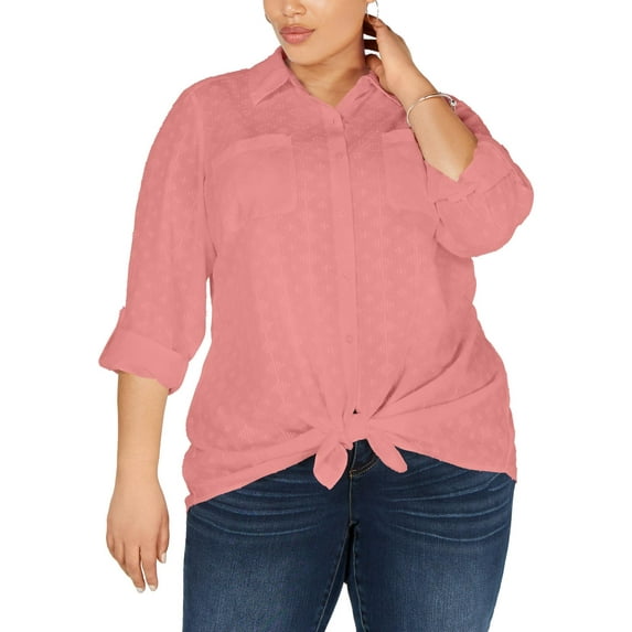 Style & Co. Womens Plus Cotton Textured Button-Down Top