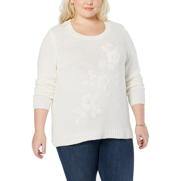 Style & Co Plus Size Tonal Flower Embroidered Sweater Winter White 1X