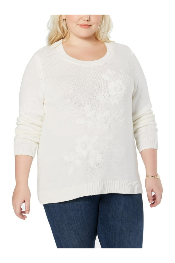 Style & Co Plus Size Tonal Flower Embroidered Sweater Winter White 1X