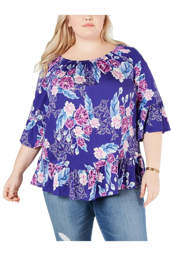 Womens Plus Floral Print Off-The-Shoulder Blouse Purple 1X