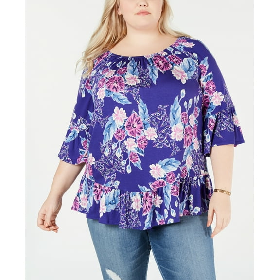 Style & Co. Womens Plus Floral Print Off-the-Shoulder Blouse – Blue 0X