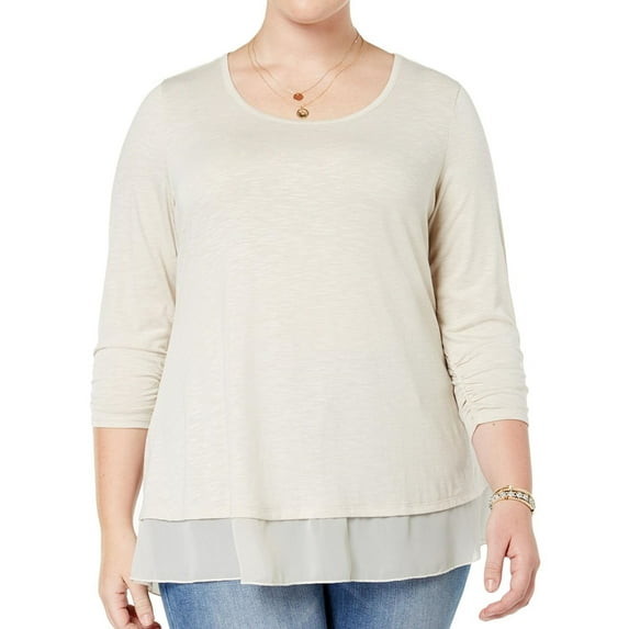 Style & Co. Womens Plus Mixed Media Chiffon-Hem Pullover Top Beige 2X