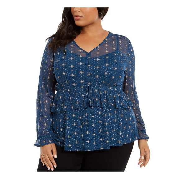 Plus Size Ruffle-Front Mesh Top Blue Long Sleeve Women's Blouses
