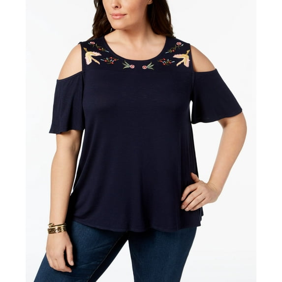 Style & Co Plus Size Embroidered Cold Shoulder Top Navy Blue 2X