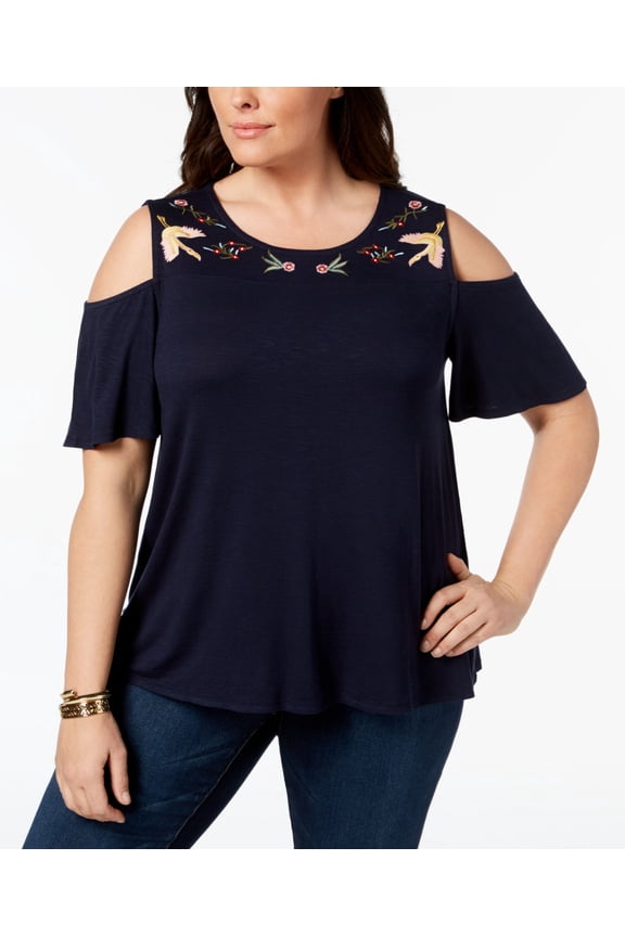 Style & Co Plus Size Embroidered Cold Shoulder Top Navy Blue 2X
