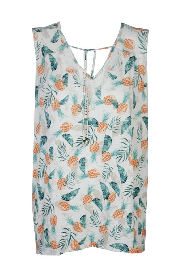 Style & Co Womens Plus Size Ivory Multi Pineapple Print Bridge-Hem Top 0X