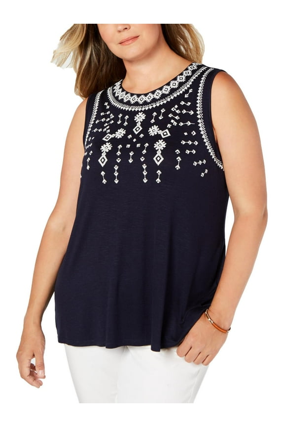 STYLE & COMPANY Womens New 0663 Navy Printed Jewel Neck Tank Top 3X Plus B+B