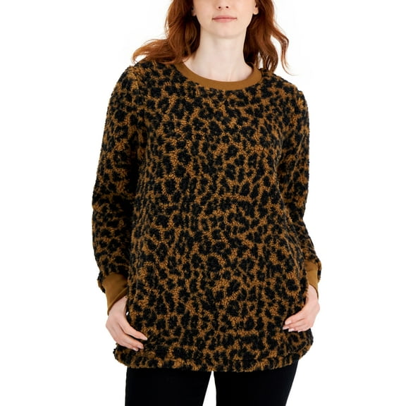 Style & Co Womens Printed Crewneck Fleece Tunic Caramel Animal L