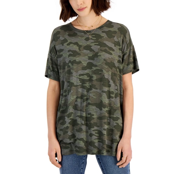 Style & Co Womens Printed Drapey T-Shirt Green Camo S