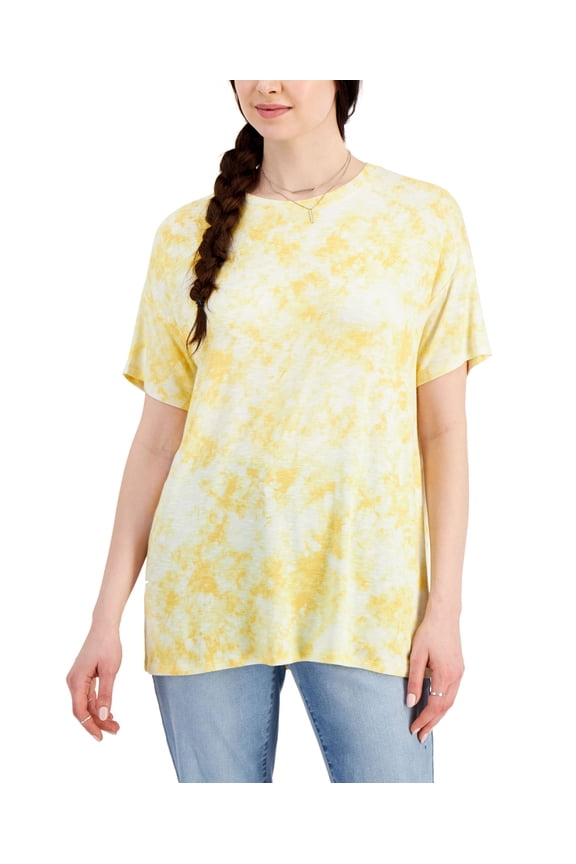 Style & Co Womens Printed Drapey T-Shirt Yellow Lava Dye L