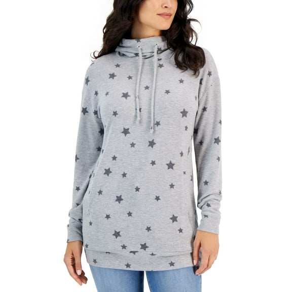 Style & Co Womens Printed Drawstring Cowl Neck Tunic Silv Star Print L