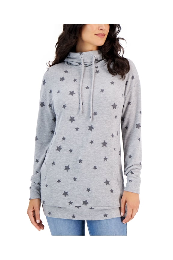 Style & Co Womens Printed Drawstring Cowl Neck Tunic Silv Star Print L
