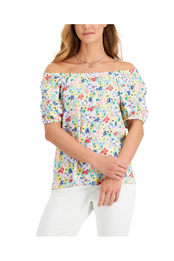 Style & Co Womens Printed Knit Peasant Top White Meadow S